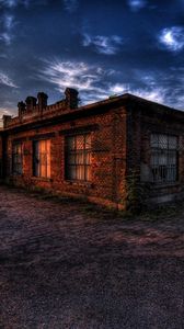 Preview wallpaper building, dusk, road, sky, trees, bricks, hdr