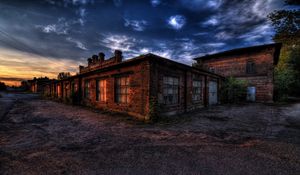 Preview wallpaper building, dusk, road, sky, trees, bricks, hdr