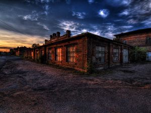 Preview wallpaper building, dusk, road, sky, trees, bricks, hdr