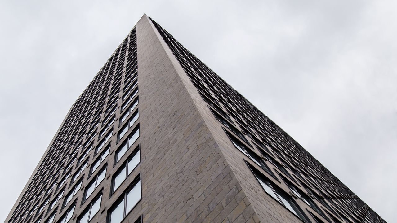 Wallpaper building, edge, bricks, windows, bottom view