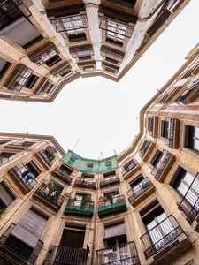 Preview wallpaper building, facade, architecture, sky, bottom view, balcony