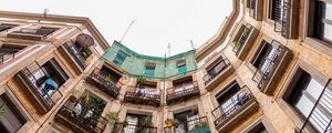 Preview wallpaper building, facade, architecture, sky, bottom view, balcony