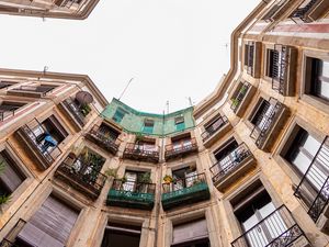 Preview wallpaper building, facade, architecture, sky, bottom view, balcony