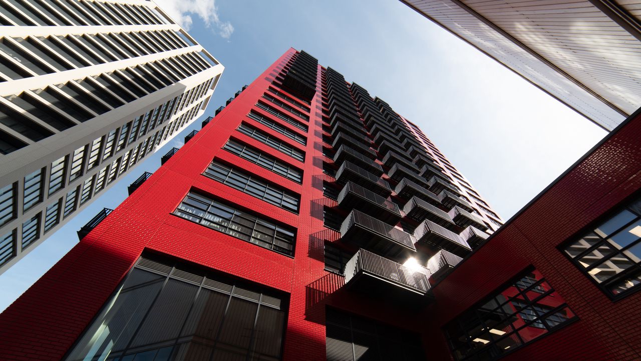 Wallpaper building, facade, architecture, red, bottom view