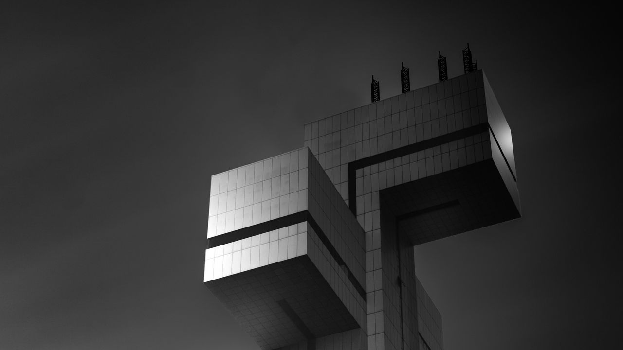 Wallpaper building, facade, architecture, bottom view, black and white