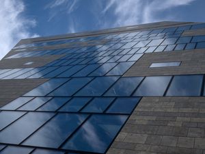 Preview wallpaper building, facade, architecture, glass, bottom view, blue