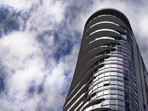 Preview wallpaper building, facade, architecture, sky, bottom view, glass