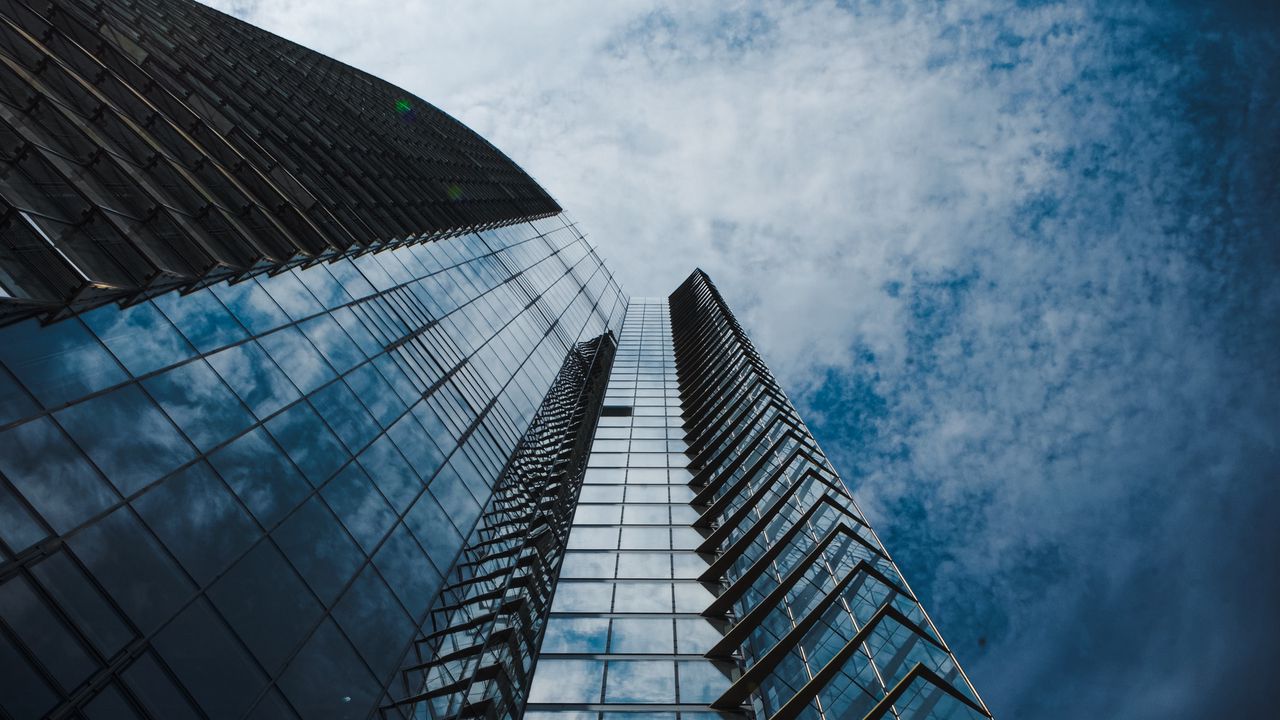 Wallpaper building, facade, bottom view, glassy, sky