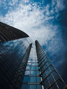 Preview wallpaper building, facade, bottom view, glassy, sky