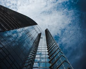 Preview wallpaper building, facade, bottom view, glassy, sky