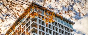 Preview wallpaper building, facade, branches, leaves, autumn
