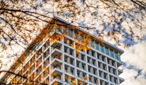 Preview wallpaper building, facade, branches, leaves, autumn