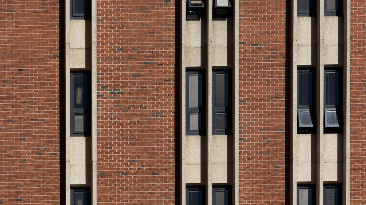 Wallpaper building, facade, bricks, windows, stripes