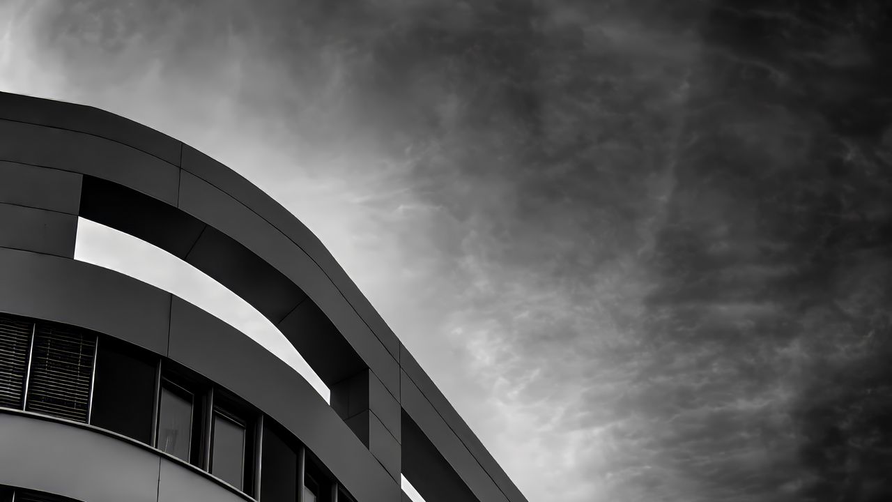 Wallpaper building, facade, bw, sky, windows