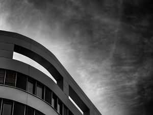 Preview wallpaper building, facade, bw, sky, windows