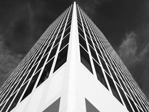 Preview wallpaper building, facade, bw, architecture, corner, symmetry