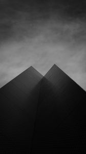 Preview wallpaper building, facade, bw, bottom view, sky