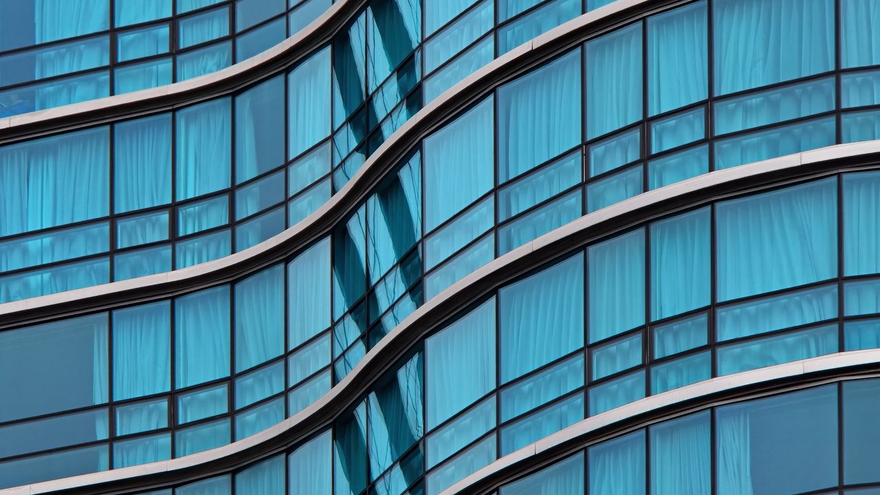 Wallpaper building, facade, curve, glass, blue