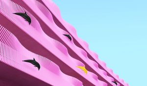 Preview wallpaper building, facade, dolphins, pink, wavy, architecture