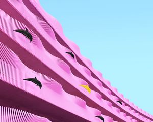 Preview wallpaper building, facade, dolphins, pink, wavy, architecture