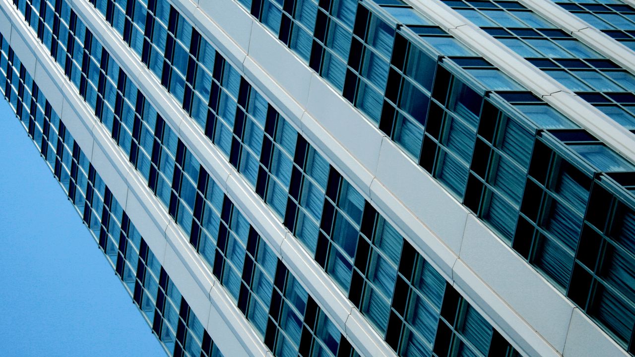 Wallpaper building, facade, edges, windows, blue