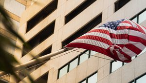 Preview wallpaper building, facade, flag, usa