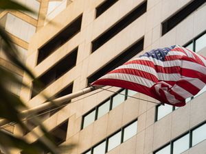 Preview wallpaper building, facade, flag, usa