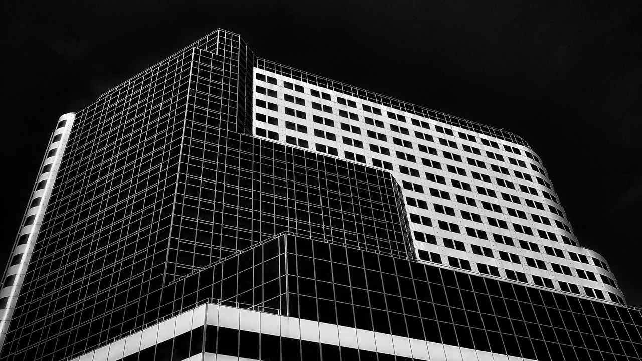 Wallpaper building, facade, geometry, bottom view, minimalism, black and white