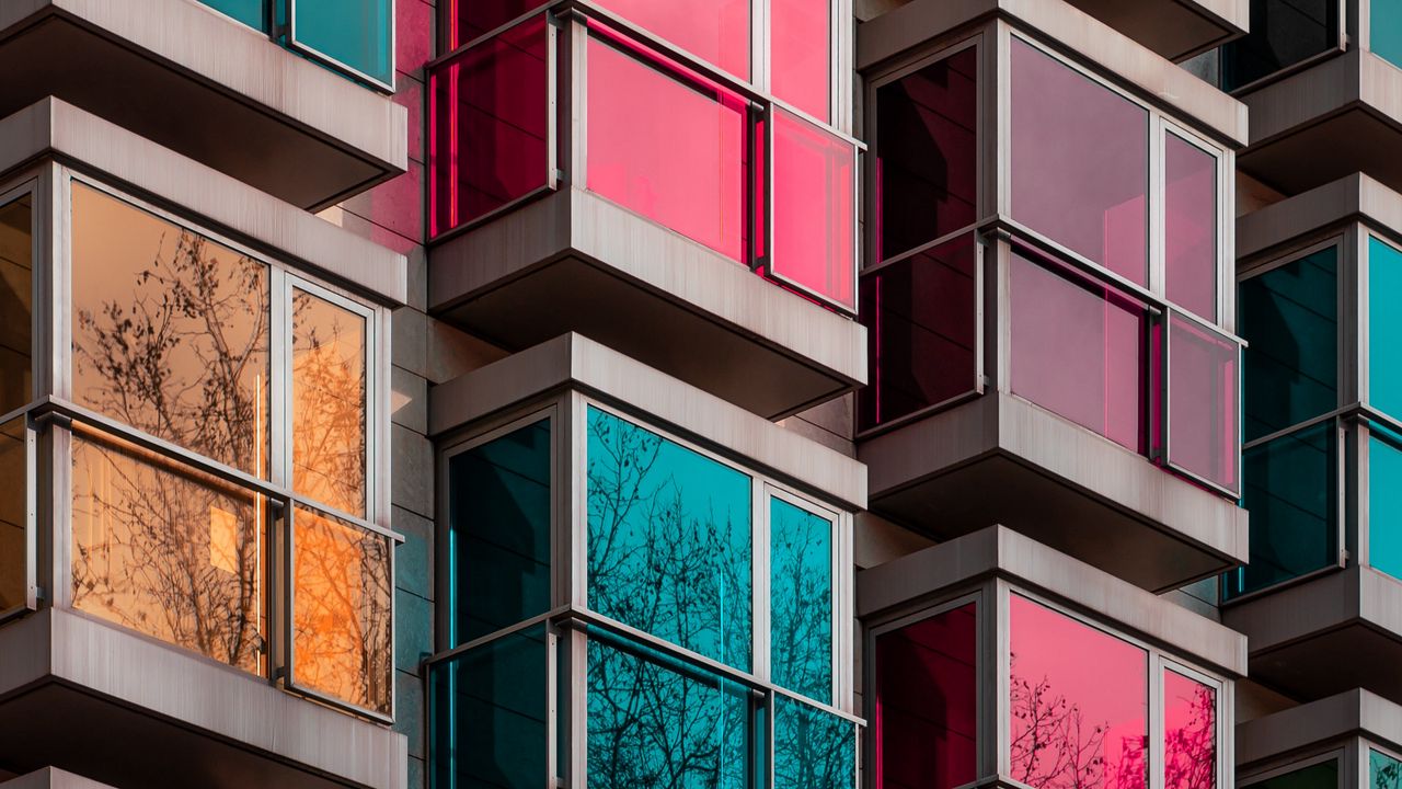 Wallpaper building, facade, glass, colorful, architecture