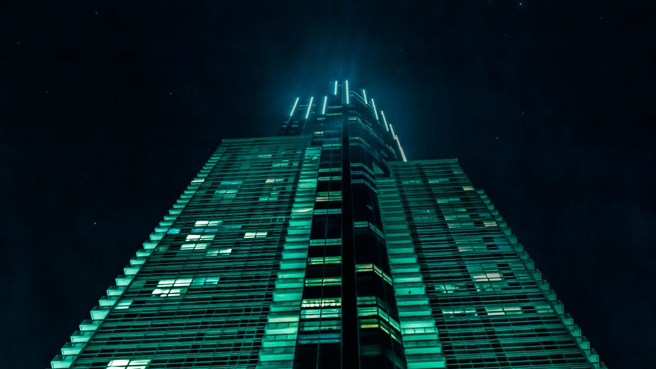 Wallpaper building, facade, lighting, neon, bottom view