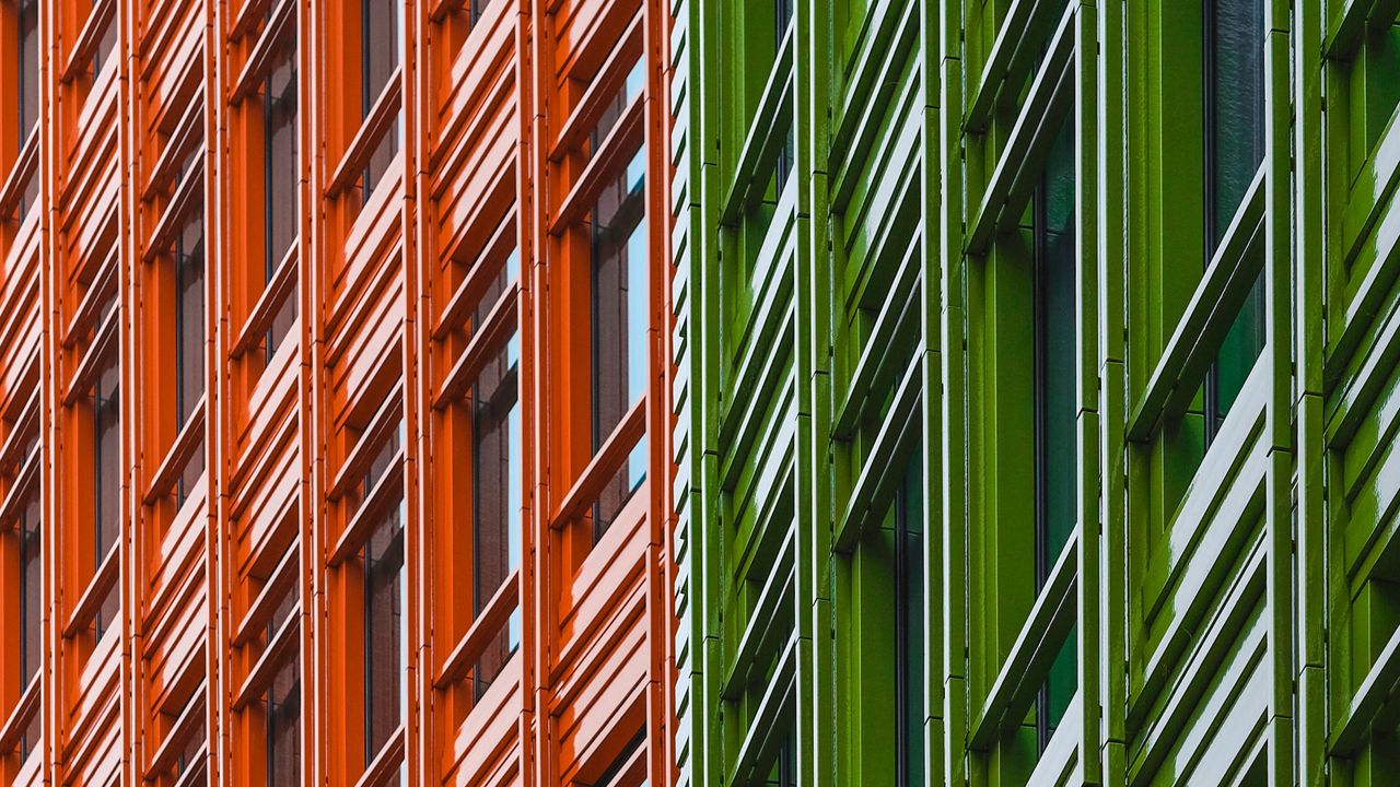 Wallpaper building, facade, minimalism, green, red