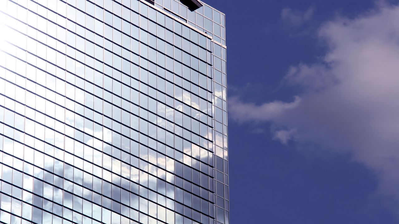 Wallpaper building, facade, mirror, sky, blue, architecture