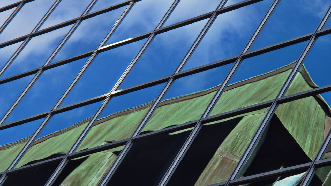 Wallpaper building, facade, mirror, reflection, sky