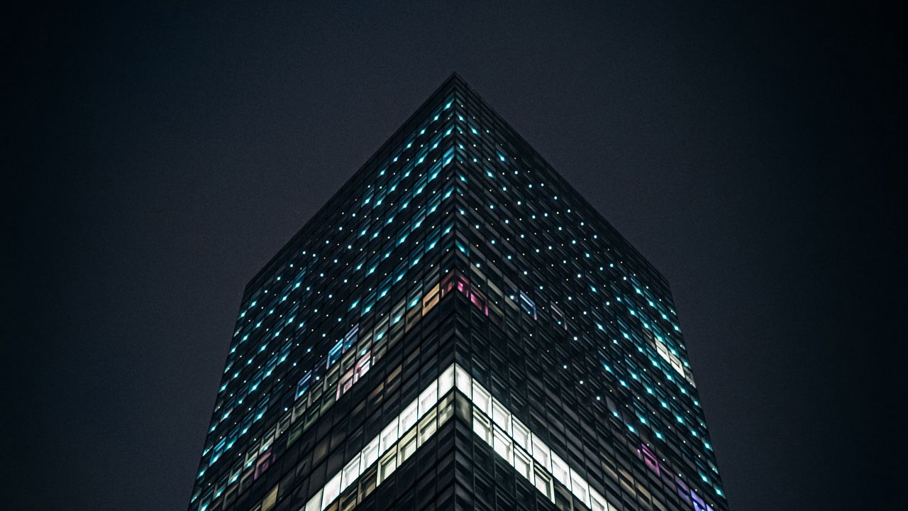 Wallpaper building, facade, night, lights, bottom view