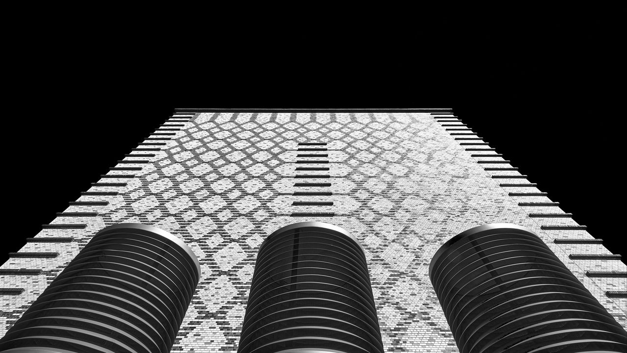 Wallpaper building, facade, pipes, bottom view, black and white