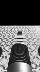 Preview wallpaper building, facade, pipes, bottom view, black and white