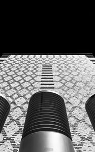 Preview wallpaper building, facade, pipes, bottom view, black and white