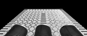 Preview wallpaper building, facade, pipes, bottom view, black and white