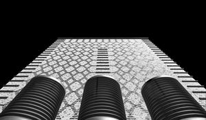 Preview wallpaper building, facade, pipes, bottom view, black and white