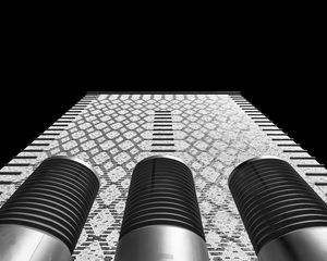 Preview wallpaper building, facade, pipes, bottom view, black and white