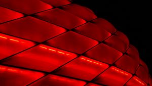 Preview wallpaper building, facade, red, backlight, mesh, architecture