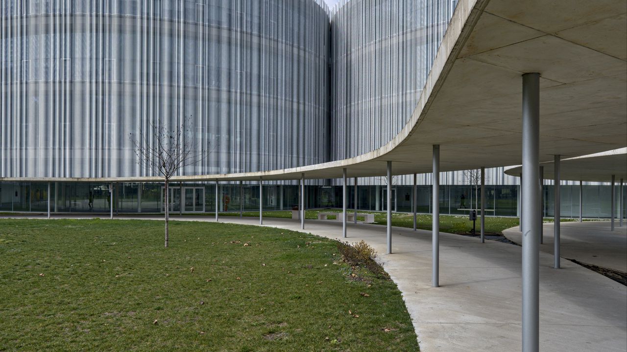 Wallpaper building, facade, roof, pillars, road, architecture