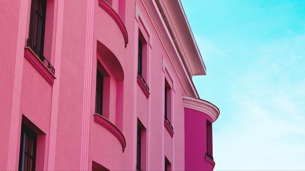 Wallpaper building, facade, sky, minimalism, pink, architecture