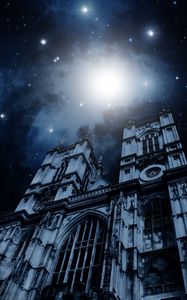 Preview wallpaper building, facade, starry sky, gloomy, night