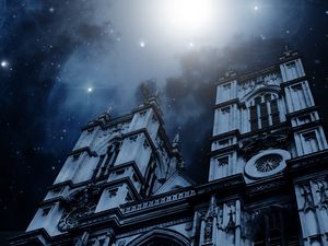 Preview wallpaper building, facade, starry sky, gloomy, night