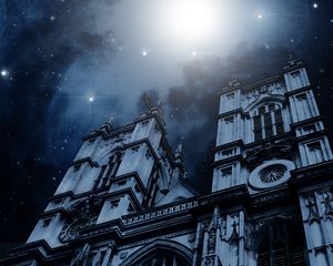 Preview wallpaper building, facade, starry sky, gloomy, night