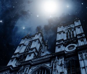 Preview wallpaper building, facade, starry sky, gloomy, night