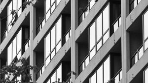 Preview wallpaper building, facade, tree, branches, black and white