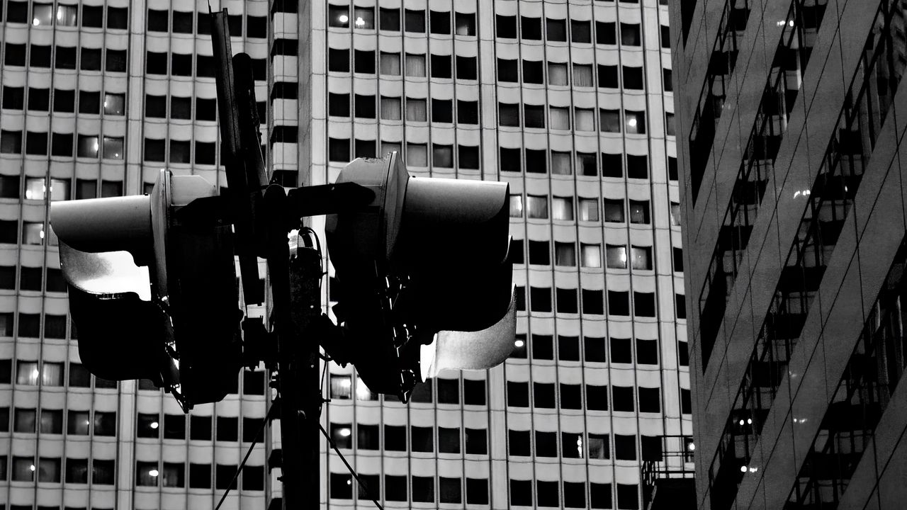 Wallpaper building, facade, windows, traffic light, bw