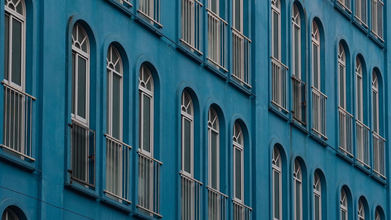 Wallpaper building, facade, windows, architecture, blue